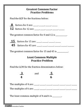 Greatest Common Factor and Least Common Multiple Study Guide and Worksheet