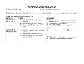 Preview of Greatest Common Factor (GCF) Notes and Organizer