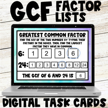 Preview of Greatest Common Factor with Factor Lists Digital Task Cards Google Slides