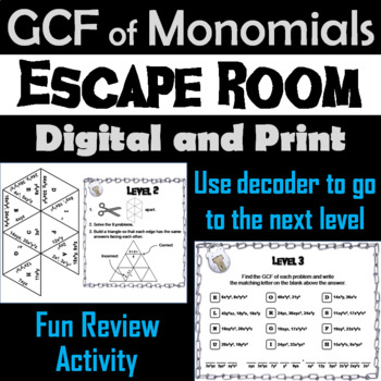 Preview of Greatest Common Factor GCF of Monomials Activity: Algebra Escape Room Math Game