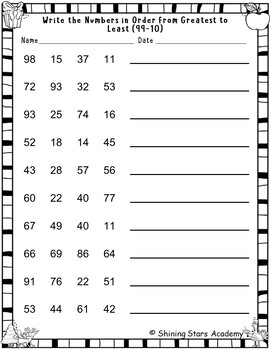 Greatest to Least (Descending) Order Positive Numbers (99 to 10) Worksheet