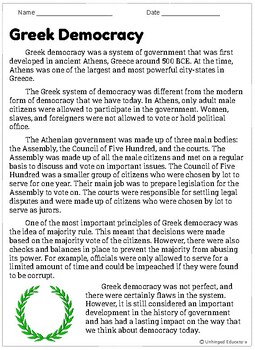 Preview of Greek Democracy Reading Comprehension Worksheet with Differentiated Questions!