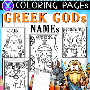 Preview of Greek Gods Names Coloring Pages & Writing Paper Activities ELA No PREP