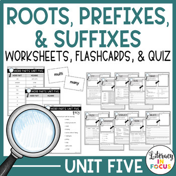 Preview of Root Words, Prefixes, & Suffixes Unit 5 Worksheets