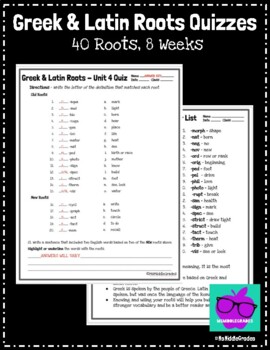 Preview of Greek & Latin Roots Quizzes, Test, and Master List Bundle - 8 weeks!