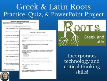 Preview of Greek & Latin Roots Practice, Quiz, and PowerPoint Assignment