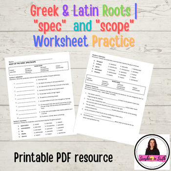 Preview of Greek & Latin Roots "spec" and "scope" |Word Study|Vocabulary Practice Worksheet