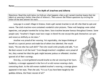 Preview of Greek Myth ARACHNE and ATHENA w/ 15 Multiple Choice Reading Comprehension Qs