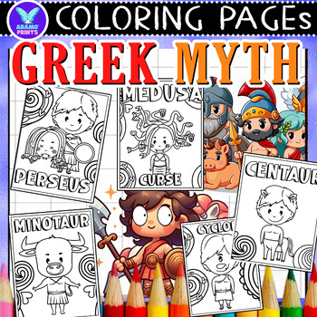 Preview of Greek Myth History Coloring Pages & Writing Paper Art Activities ELA No PREP