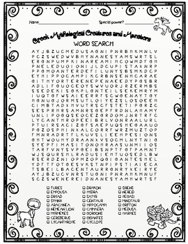Preview of Greek Mythological Creatures and Monsters Word Search