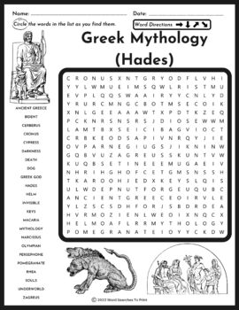 Greek Mythology Hades Word Search Puzzle by Word Searches To Print