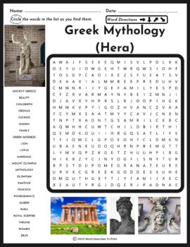 Greek Mythology Hera Word Search Puzzle by Word Searches To Print