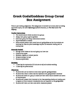 Preview of Greek Mythology Pre-Reading Cereal Box Assignment
