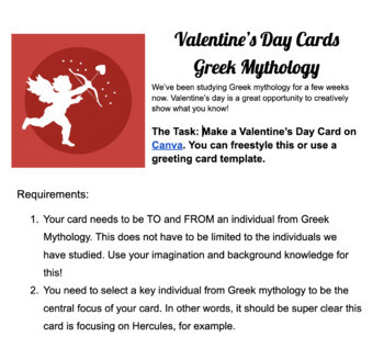 Preview of Greek Mythology Valentine's Day Card Assignment