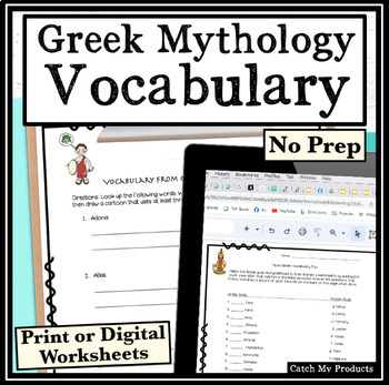 Preview of Greek Mythology Vocabulary Worksheet Activities in Print and Digital