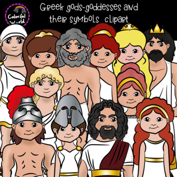 Preview of Greek Olympian gods and goddesses with their symbols clipart