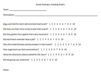 Preview of Greek Olympic Games Group Rubric