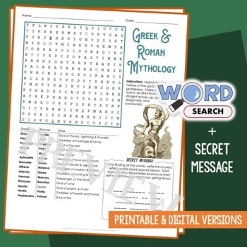 Preview of Greek & Roman Gods Word Search Mythology Puzzle Activity Vocabulary Worksheet