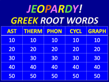 Preview of Greek Root Word Jeopardy