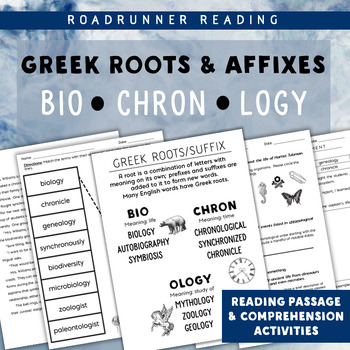 Preview of Greek Roots & Suffix BIO, CHRON, LOGY Reading Passage and Vocabulary Activities