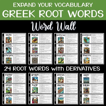 Preview of Greek Roots Morphology Word Wall Cards / Task Cards / Editable