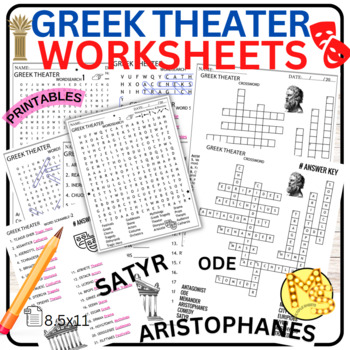 Preview of Greek Theatre Worksheets Crossword - Word Scramble - Word Search