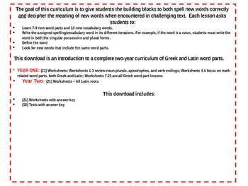 Preview of Greek Word Parts - One Year Unit with Worksheets and Tests