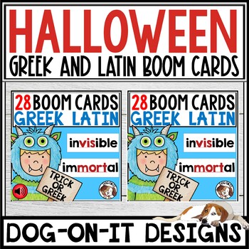 Preview of Greek and Latin Boom Cards with and without Audio Halloween Bundle