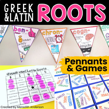 Preview of Greek and Latin Roots Pennant Activity Games BUNDLE Display Vocabulary Test Prep