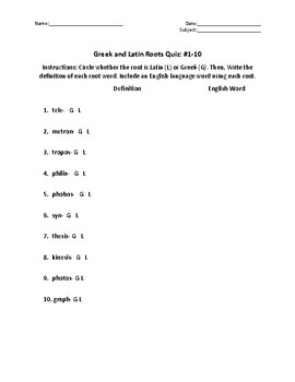 Preview of Greek and Latin Roots Quiz #1-10 - Based on English From the Roots Up