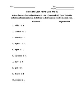 Preview of Greek and Latin Roots Quiz #41-50 Based on English from the Roots up