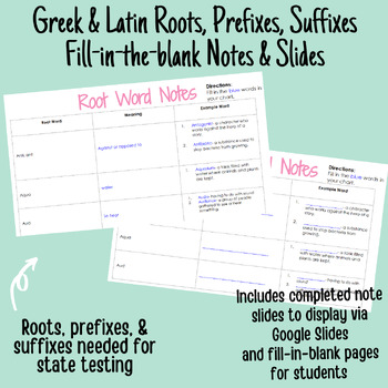 Preview of Greek and Latin Roots, Suffixes, and Prefixes Fill-in-the-blank Notes and Slides