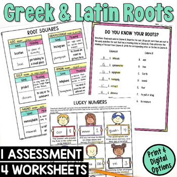 Preview of Greek and Latin Roots Worksheets and Assessment: Practice for 4th and 5th Grade