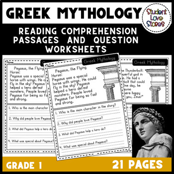 Preview of Greek Mythology Reading Comprehension Passages and Question Worksheets Grade 1