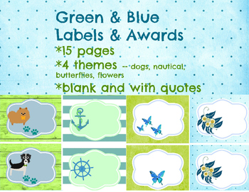 Preview of Green & Blue Labels, Quotes, Awards - 15pgs - dogs, nautical, butterfly, flower