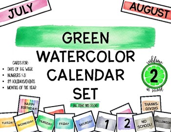 Preview of 2022-2023 Classroom Calendar Set | Green Watercolor Decor Theme