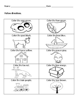 Preview of Green Eggs and Ham Following Directions Worksheet