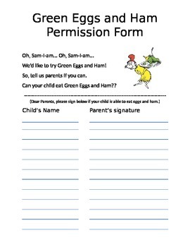 Preview of Green Eggs and Ham Permission Form