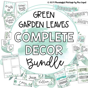 Preview of Green Garden Leaves Classroom Decor; Farmhouse Themed Bundle