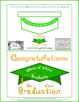 Preview of Green Graduation Cap Party Hat / Card Gold White Graduate Class 2024 Printable
