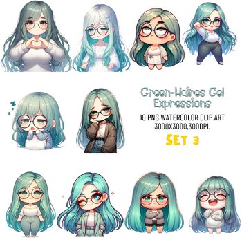 Preview of Green-Haires Gel Expressions Set3(A0139)Watercolor ClipArt Education Activities