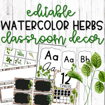 Preview of Watercolor Herbs Classroom Decor - Farmhouse Decor - Editable