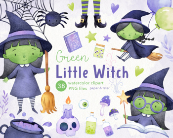 Preview of Green Little Witch Watercolor Halloween Clipart, Cute Witch PNG