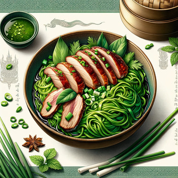 Preview of Green Noodles with Roasted Duck - Noodles Illustration