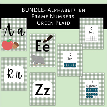 Preview of Green Plaid Theme Alphabet and Ten Frame Number Posters BUNDLE