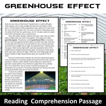Preview of Greenhouse Effect Reading Comprehension Passage and Questions | Printable PDF