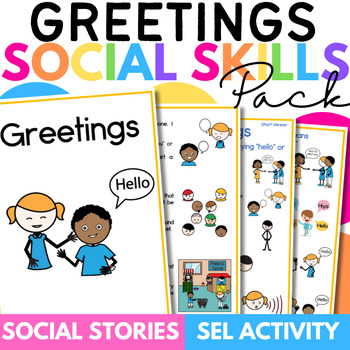 Preview of Greetings Social Skill Story Pack with Comprehension Activity Speech Therapy
