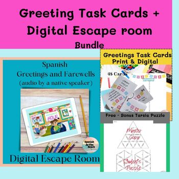 Preview of BUNDLE - Greetings Task Cards + Digital Escape Room + Bonus Greetings Puzzle