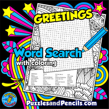 Preview of Greetings Word Search Puzzle with Coloring Activity | Social Skills