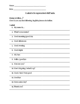 Preview of Greetings and Classroom Expressions in Italian Worksheet